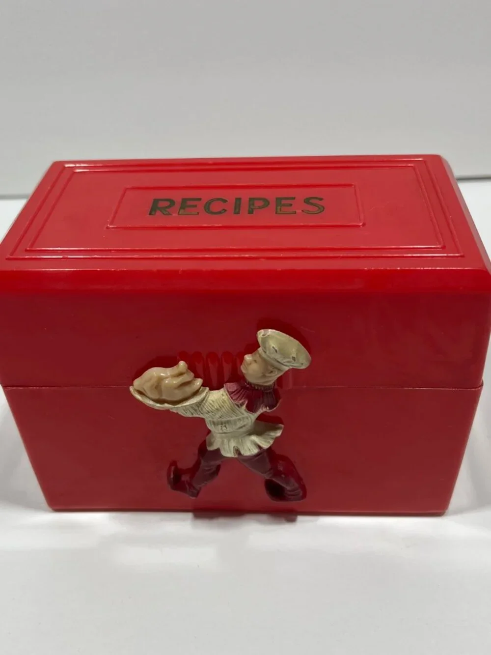Vintage 1950s Fosta Products Recipe Box 3D Chef Turkey Red Plastic Hinged RARE